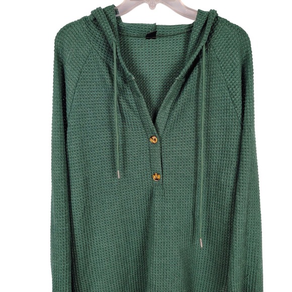 SHEIN Tops - Womens L Waffle Knit Henley Hoodie Green Textured Gorpcore Casual Pullover